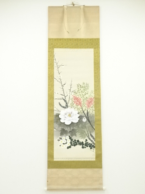 JAPANESE HANGING SCROLL / HAND PAINTED / CALLIGRAPHY / FOUR SEASINS FLOWERS